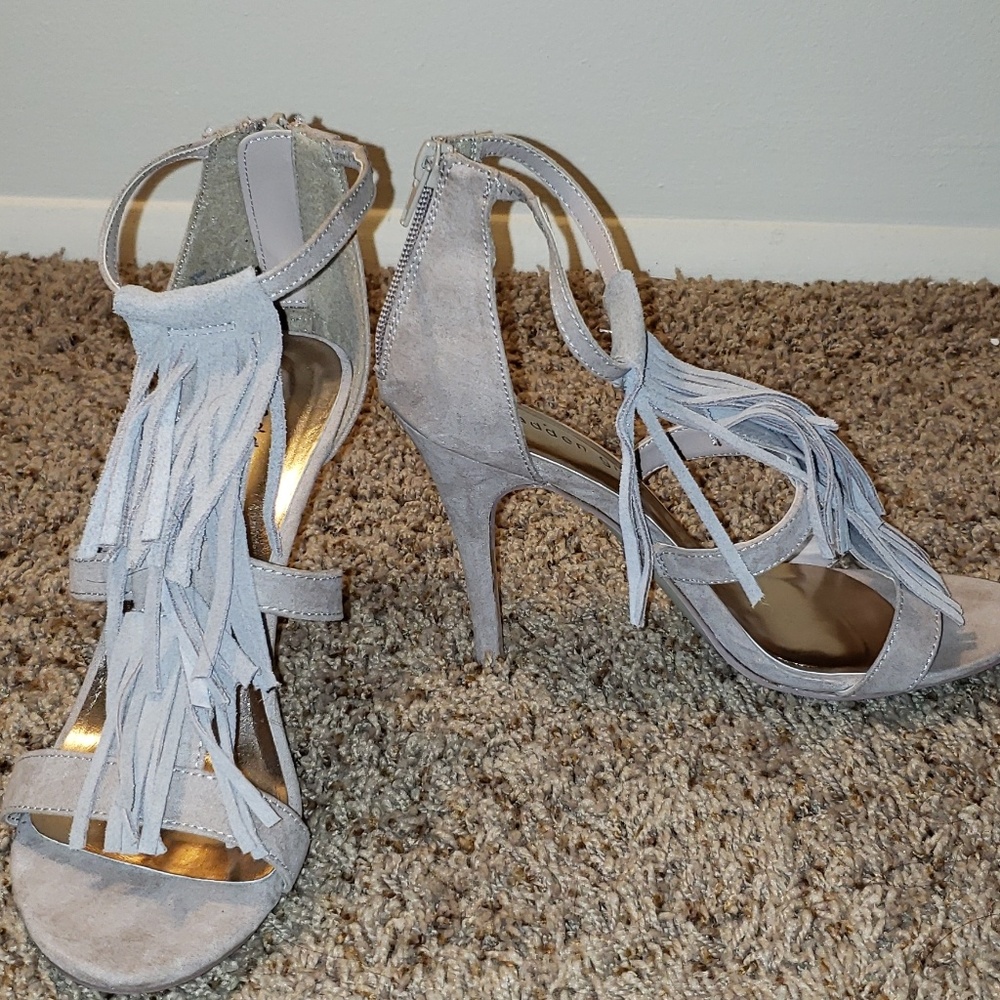 Beige tassel open toe heels